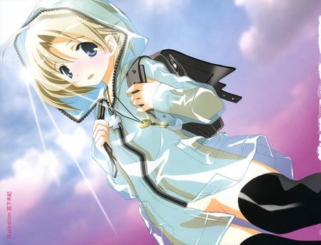 Miyashita Miki - pretty, anime, miyashita miki, cute, blonde hair, sky, kawai, blue eyes