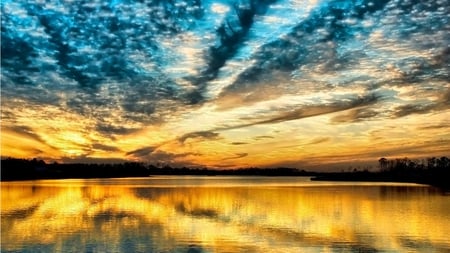 Reflect - clouds, water, yellow, blue, reflection, sunset, nature, land, lake, sky, shine