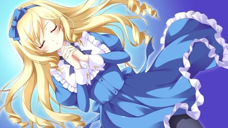 Anime - blond, cute, praying, blue dress