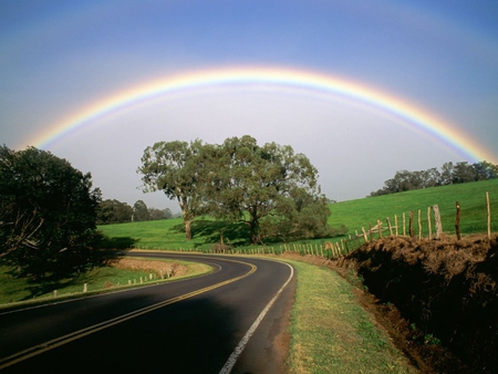 Rainbow over the road - nature, rainbow, road, beautiful