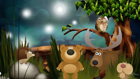 Wild Animals - moose, cute, stars, owl, deer, grass, chipmunk, bear, porcutpine, cartoon, firefox persona, trees