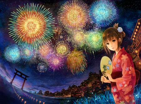 Festival of Lights - beauty, sexy, hot, anime girl, stunning, pretty, tagme, beautiful, kimono, japanese clothes, cute, short hair, fireworks