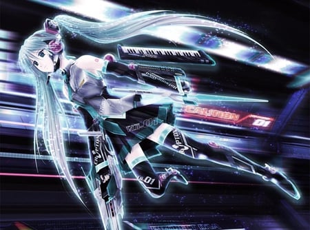 Hatsune Miku - tie, pretty, artistic, pink, uniform, headphones, mecha, nice, program, thighhighs, beauty, virtual, blade, cg, white, gray, cute, aqua eyes, song, outfit, vocaloid, anime, twintail, weapons, hatsune miku, microphone, music, aqua, stockings, red, art, idol, piano, anime girl, skirt, beautiful, crypton, singer, girl, cool, black, miku, awesome, diva, digital, aqua hair, hatsune, vocaloids, headset