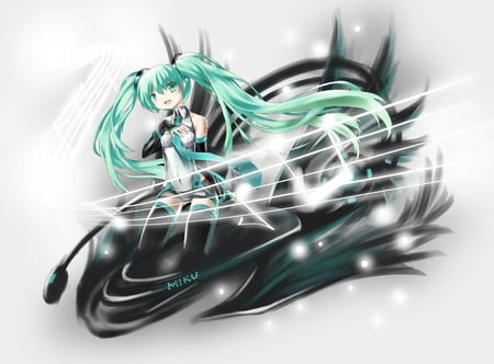 Hatsune Miku - aqua, hot, thighhighs, music, anime girl, stockings, white, art, cool, aqua eyes, artistic, hatsune miku, sexy, light, song, snowflakes, vocaloids, glow, program, vocaloid, snow, beautiful, uniform, diva, beauty, nice, twintail, aqua hair, singer, black, virtual, pretty, idol, anime, miku, cute, girl, cg, hatsune, yuki, tie, awesome, digital, gray, outfit