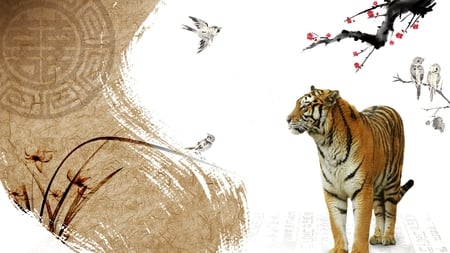 Tiger II - flower, tiger, iris, cherry blossoms, sakura, oriental, firefox persona, wild cat, orient, birds