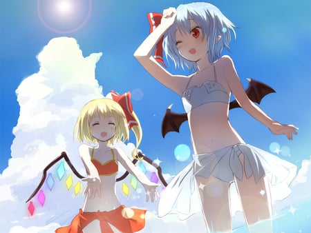 Remilia & Flandre - flandre scarlet, blonde hair, red eyes, girls, short hair, touhou, blue hair, cute, remilia scarlet, sky