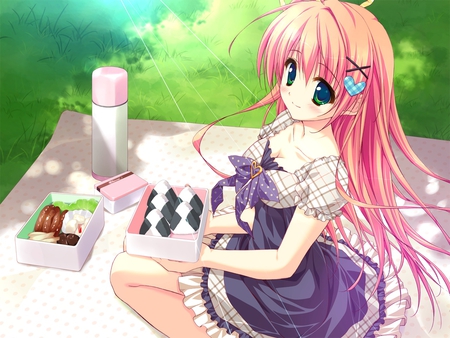 Nakatsugawa Ui - picnic, pink, long hair, food, dress, nakatsugawa ui