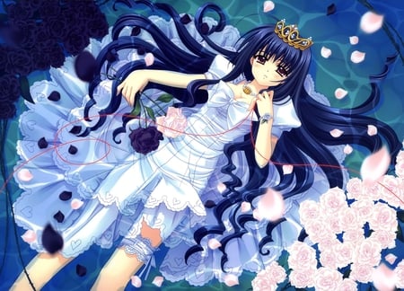 Nishimata Aoi - female, girl, long hair, nishimata aoi, water, crown, floating, petals, anime, flowers, dress