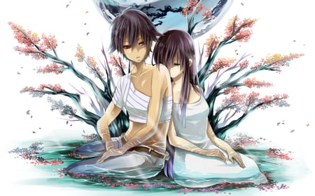 Couple - male, couple, female, anime, blossom, tree, wounded