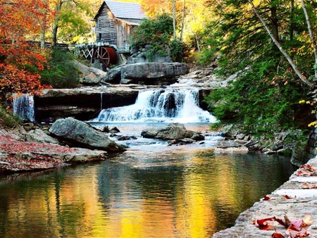 Riverside Reflections - reflections, rapids, autumn, falls, river, colorful, water, gristmill