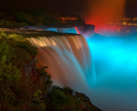 Niagara Falls at Night - usa, colorful, waterfalls, canada, beautiful, lights, night, niagara falls