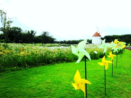 To  Lovely Applebloom - flowers, small pinwheel, windmill, lawn