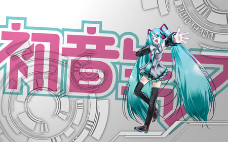 Hatsune Miku - tie, pretty, artistic, wires, pink, uniform, headphones, name, nice, program, hot, thighhighs, beauty, virtual, cg, white, gray, cute, song, outfit, sexy, vocaloid, anime, twintail, hatsune miku, microphone, music, aqua, stockings, art, idol, anime girl, skirt, beautiful, singer, girl, cool, black, miku, awesome, diva, digital, hatsune, vocaloids, headset