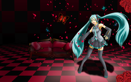 Hatsune Miku - tie, pretty, artistic, uniform, headphones, nice, program, hot, thighhighs, beauty, virtual, flower, cg, white, butterfly, cute, song, outfit, sexy, vocaloid, anime, twintail, couch, hatsune miku, microphone, checkered, music, aqua, red, art, idol, anime girl, skirt, beautiful, singer, girl, cool, black, miku, awesome, diva, digital, rose, hatsune, vocaloids, headset