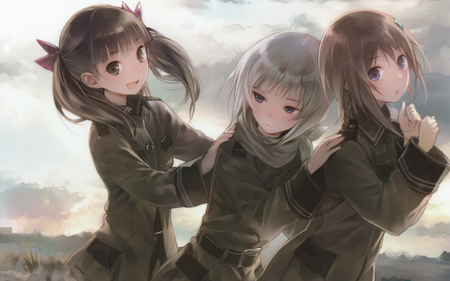 Anime - sky, cute, uniforms, 3girls