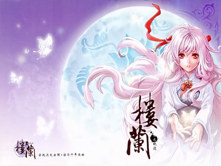 Butterfly of Moon - pretty, female, original, alone, bell, butterfly of moon, ribbon, pink hair, moon, china clothes, anime girl, girl, beauty, cool, sweet, hair bow, necklace, butterfly, cute