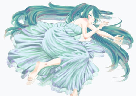 Sleeping Beauty - sleeping, aqua, music, anime girl, white, art, cool, aqua eyes, artistic, hatsune miku, vocaloids, program, vocaloid, beautiful, diva, dress, nice, beauty, twintail, singer, aqua hair, black, virtual, pretty, idol, anime, miku, cute, ong, girl, closed eyes, cg, hatsune, blue, digital, awesome