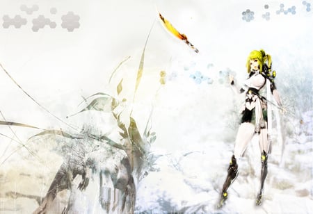 White Spear - la, vector, warrior, hair, gold, white, flame, hyul, spear, snow, digital