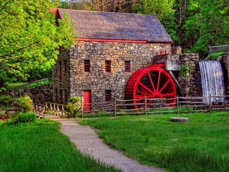 Mill - pretty, summer, landscape, grass, leaves, path, view, red, houses, house, stone, trees, water, beautiful, mill, road, beauty, colors, lovely, architecture, fence, tree, waterfall, green, peaceful, bridge