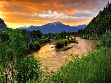 Sunset - splendor, landscape, grass, forest, leaves, view, sky, woods, clouds, trees, water, beautiful, beauty, colors, lovely, tree, colorful, river, nature, sunset, green, mountains, peaceful