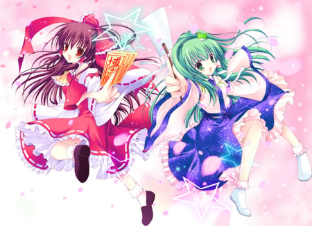 Reimu & Sanae - girls, touhou, ribbons, long hair, kochiya sanae, hakurei reimu, cute, dress