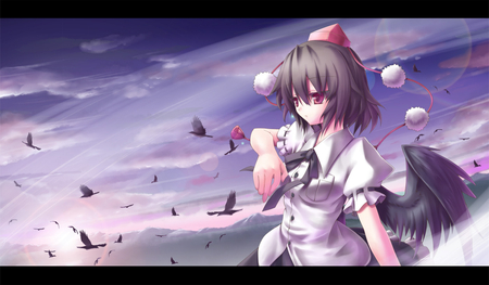 Shameimaru Aya - sky, touhou, girl, shot hair, hat, shameimaru aya, wings, dress