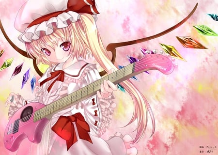 Flandre Scarlet - touhou, flandre scarlet, girl, guitar, blonde hair, hat, cute, dress