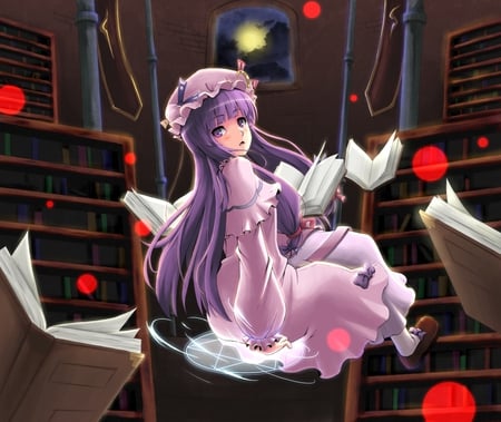 Patchouli Knowledge - library, girl, hat, patchouli knowledge, long hair, purple hair, book, touhou, dress