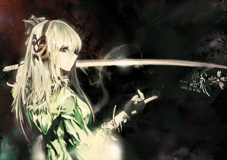 Anime - blond, cute, headphones, katana