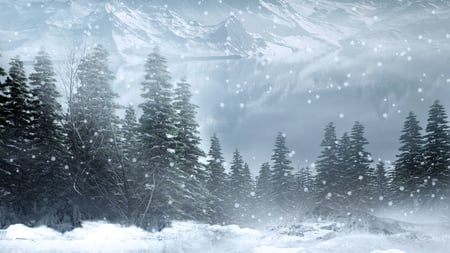 Winter III - trees, drifts, winter, mountains, cold, forest, snow, blue, snowing, firefox persona