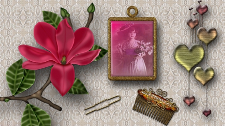 Grandmothers Remembered - frame, damask, photo, flower, firefox persona, hair comb, vintage, hair pin, hearts, antique