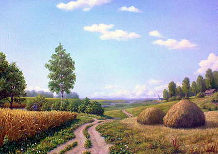 Filaretov AM summer day - path, field, tree, painting, nature, filaretov am summer day, art