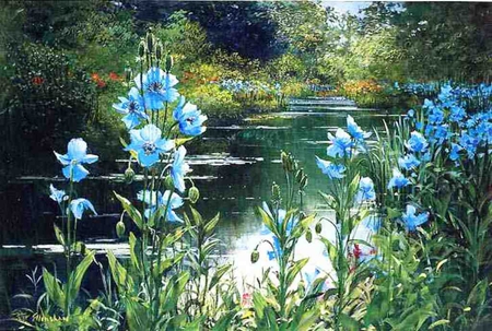 Riverside Magic - serene, river, blue, summer, flowers, poppies