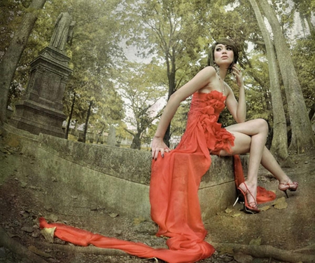 Red Dress - red, photo, nature, woman, dress