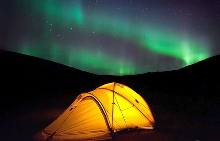 Night_Under_Northern_Lights - yellow, northern, picture, beautiful, camp, lights, night