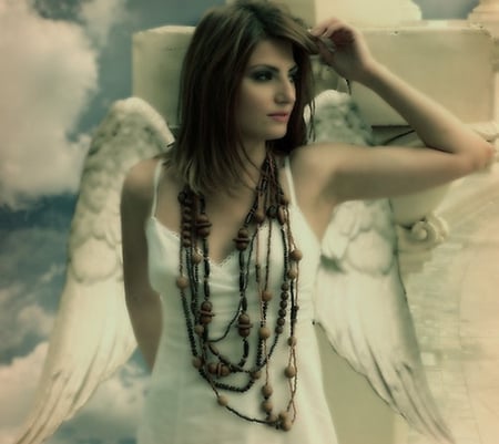 Waiting for my wings to grow - woman, angel, female, wings, waiting, model, angelic, purity, grow, clouds, hope, little, wait