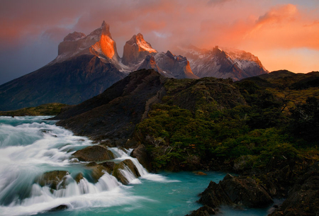 Waterfalls - nature, mountains, waterfalls, sunset