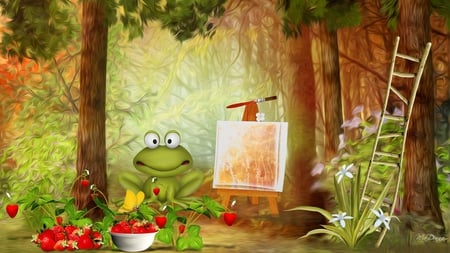 Frogs Love Strawberries Too - strawberries, trees, firefox persona ladder, plants, bug, art, frog, easel