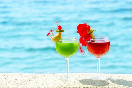 One for me the other for you - ocean, red, green, flowers, sand, drinks