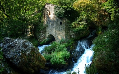 One With Nature - brick, home, trees, river, stream, house, waterfall, rocks