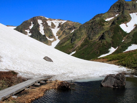 Mountain Snow - lake, scenic, hills, peaceful, water, plants, rocks, snow, scenery, drift, green, frozen, shrubs