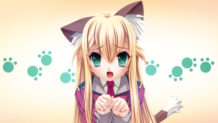 Did I do it right? - kawai, tail, cute, neko, charlotte tiger, green eyes, senomo, anime, girl, game cg, seifuku, blonde hair, animal ears, itoshii kanojono mamorikata