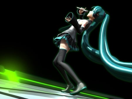 Hatsune Miku - aqua, stage, headset, thighhighs, music, anime girl, stockings, white, art, cool, aqua eyes, artistic, hatsune miku, skirt, light, song, vocaloids, program, glow, 3d, vocaloid, beautiful, uniform, diva, beauty, nice, twintail, singer, aqua hair, black, virtual, pretty, idol, anime, green, miku, cute, girl, cg, hatsune, hd, microphone, headphones, singing, tie, awesome, digital, gray, outfit