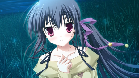 Her staring eyes - kisaragi gold star, anime, girl, night, cool, kawai, toranosuke, black hair, cute, close, fujimaru mikoto, game cg