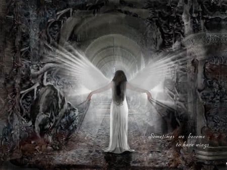 Sometimes - woman, white, sometimes, wings, fantasy, dress