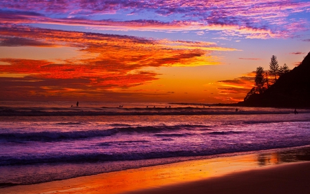 Beautiful Sea - beauty, sky, beach, trees, peaceful, colorful, sunset, purple sky, amazing, view, purple, reflection, clouds, orange, sand, ocean, purple sea, summer, lovely, waves, nature, beautiful, splendor, colors, sunrise, sea