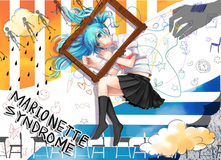 Marionette Syndrome - aqua, thighhighs, music, anime girl, white, art, cool, artistic, hatsune miku, skirt, song, vocaloids, program, chair, vocaloid, beautiful, uniform, diva, beauty, nice, sky, twintail, socks, singer, black, virtual, pretty, idol, clouds, anime, orange, miku, cute, girl, desk, rain, cg, hatsune, tie, awesome, digital, outfit