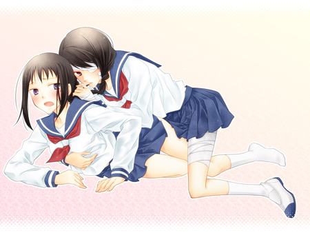 Sayonara Zetsubou Sensei - kobushi abiru, sayonara zetsubou sensei, bandaid, bandage, skirt, seifuku, blush, yuri anime, kawai, girls, school uniform, kaga ai, black hair, cute