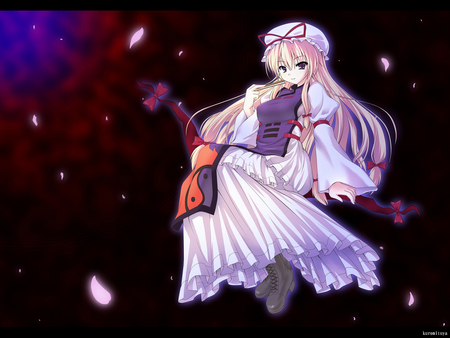 Yukari Yakumo - yukari yakumo, touhou, girl, blonde hair, hat, dark, long hair, dress