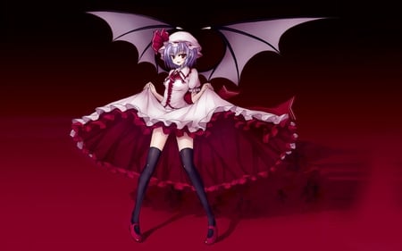 Remilia Scarlet - hat, short hair, touhou, wings, dress, girl, remilia scarlet, purple hair